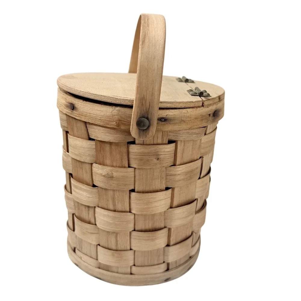 Handmade Lidded Woven Wood Basket Swing Handle Primitive Farmhouse Decor  5.5
